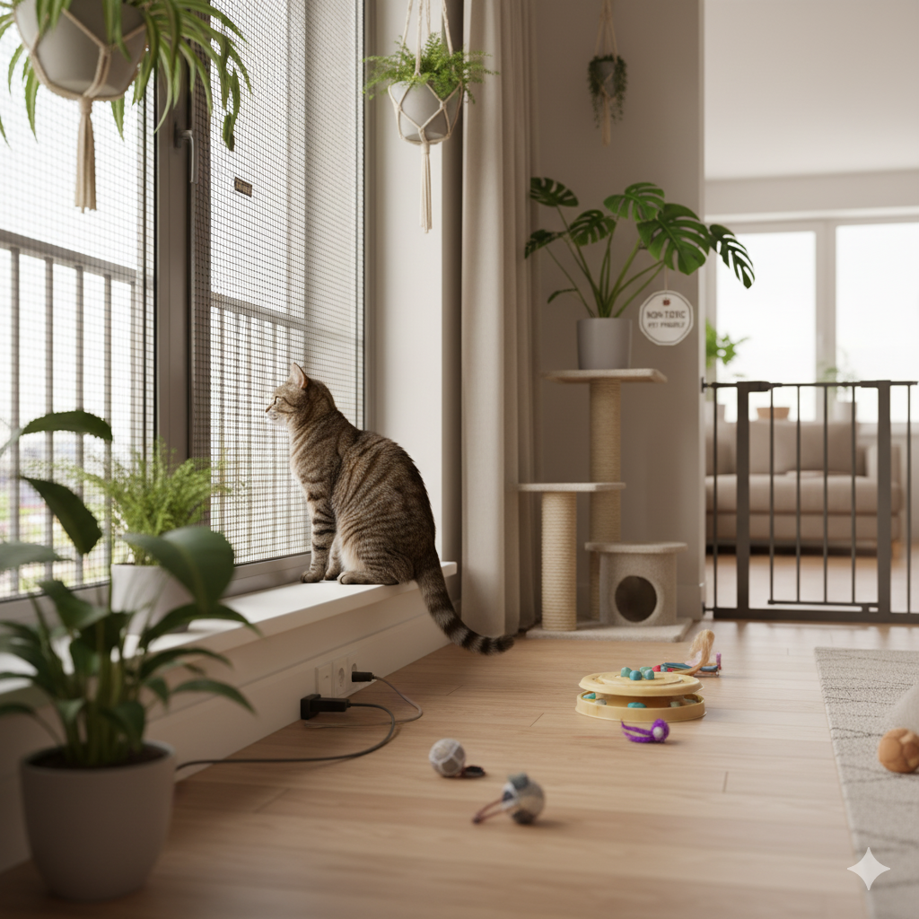 Kedi dostu ev ortamı – Evde kedi için alınabilecek güvenlik önlemleri (zehirli bitkilerden korunma, balkon güvenliği vb.)